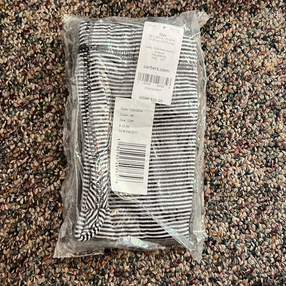 Two pack of carters 12 month pants. Gray and striped